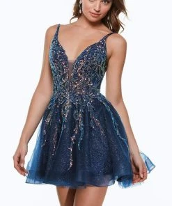 Alyce Paris - 3942 Sequined Deep V Neck Tulle Glitter A-Line Dress