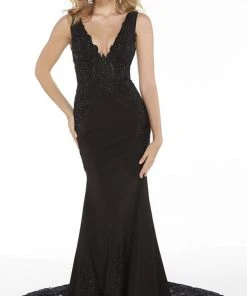Alyce Paris - 5065 Embroidered Deep V-neck Trumpet Dress