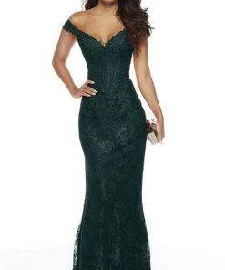 Alyce Paris - 60650 Off Shoulder Jeweled Lace Sheath Gown