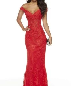 Alyce Paris - 60650 Off Shoulder Jeweled Lace Sheath Gown