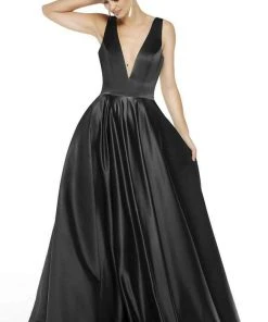 Alyce Paris - 60707 Plunging V-Neck Luxe Satin A-Line Dress