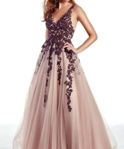 Alyce Paris - 60889 Lace Plunging V Neck Tulle A-line Gown