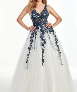 Alyce Paris - 60889 Lace Plunging V Neck Tulle A-line Gown