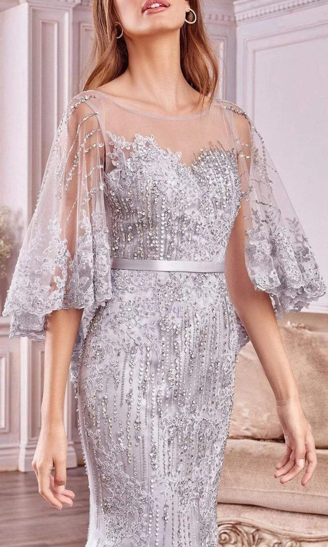 Andrea And Leo - 5263 Illusion Neckline Beaded Lace Capelet Gown 5 Andrea And Leo - 5263 Illusion Neckline Beaded Lace Capelet Gown