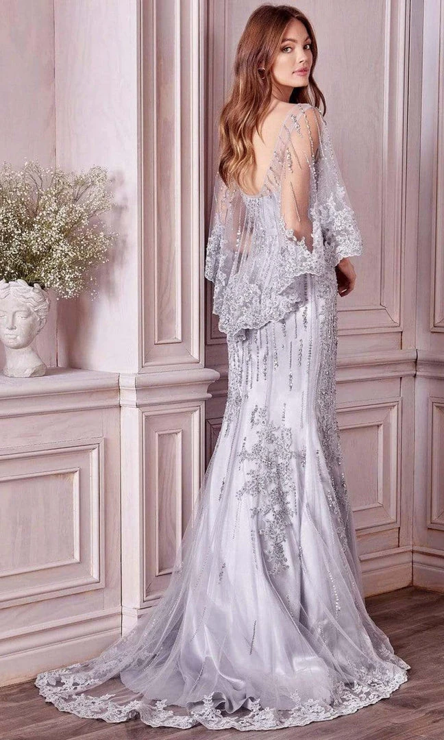 Andrea And Leo - 5263 Illusion Neckline Beaded Lace Capelet Gown 4 Andrea And Leo - 5263 Illusion Neckline Beaded Lace Capelet Gown