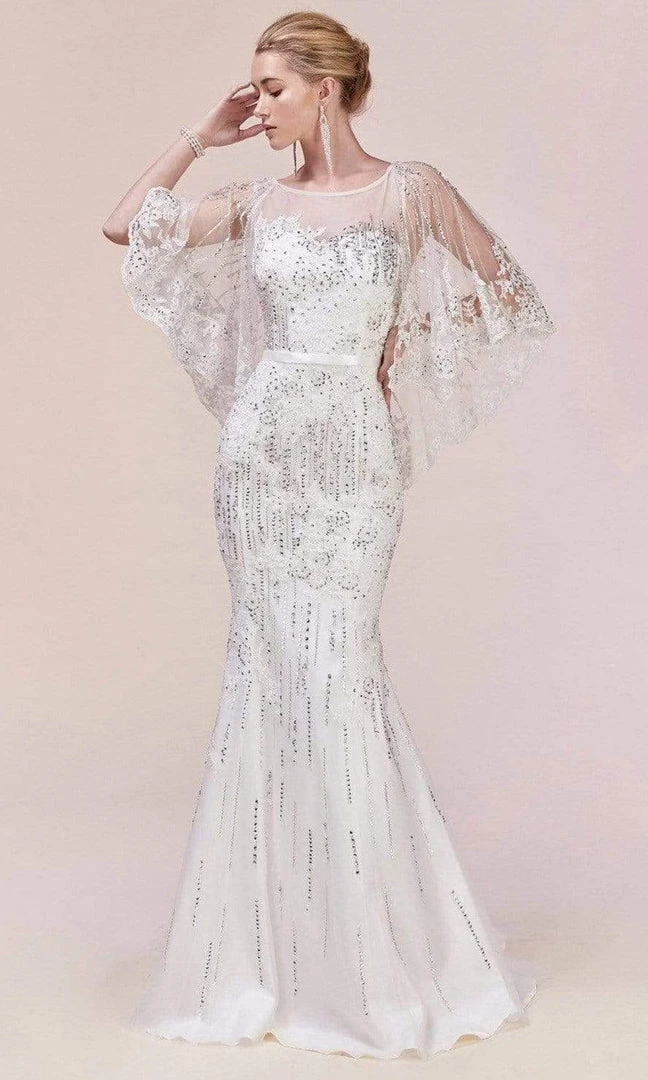 Andrea And Leo - 5263 Illusion Neckline Beaded Lace Capelet Gown 10 Andrea And Leo - 5263 Illusion Neckline Beaded Lace Capelet Gown