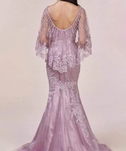 Andrea And Leo - 5263 Illusion Neckline Beaded Lace Capelet Gown 14 Andrea And Leo - 5263 Illusion Neckline Beaded Lace Capelet Gown