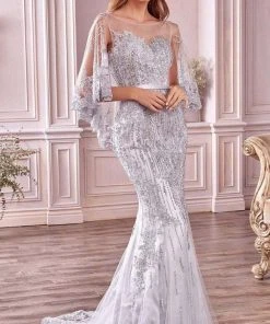Andrea And Leo - 5263 Illusion Neckline Beaded Lace Capelet Gown