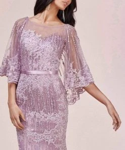 Andrea And Leo - 5263 Illusion Neckline Beaded Lace Capelet Gown 13 Andrea And Leo - 5263 Illusion Neckline Beaded Lace Capelet Gown