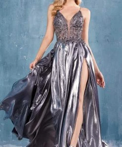 Andrea And Leo - A0742 Beaded Plunging V Neck Dress With Slits