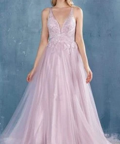 Andrea And Leo - A0762 Beaded Floral Lace Bodice Tulle A-Line Gown