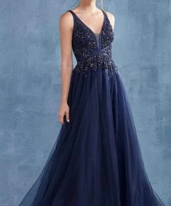 Andrea And Leo - A0762 Beaded Floral Lace Bodice Tulle A-Line Gown