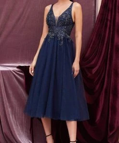 Andrea And Leo - A0762S Beaded Plunging V Neck Tea Length Dress