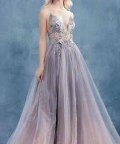 Andrea And Leo - A0850 Applique Deep V Neck A-Line Gown