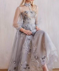 Andrea And Leo - A0862 Embroidered Lace Long Sleeve A-Line Dress