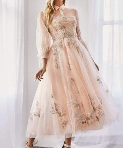 Andrea And Leo - A0862 Embroidered Lace Long Sleeve A-Line Dress