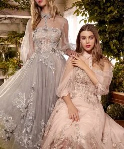 Andrea And Leo - A0862 Embroidered Lace Long Sleeve A-Line Dress