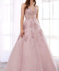 Andrea And Leo - A0892 Floral Embroidered V Neck Ballgown