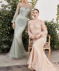 Andrea And Leo - A0997 Pearl Beaded Long Sleeve Trumpet Gown