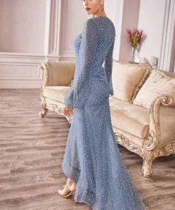 Andrea And Leo - A0997S Pearl Embellished Illusion Sleeve High Low Dress