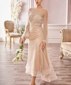 Andrea And Leo - A0997S Pearl Embellished Illusion Sleeve High Low Dress