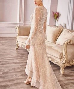 Andrea And Leo - A0997S Pearl Embellished Illusion Sleeve High Low Dress