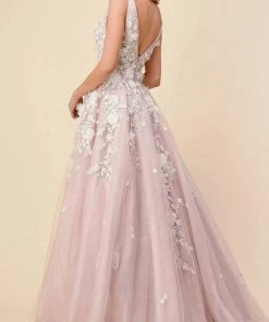 Andrea And Leo - A1028 Floral Applique Deep V Neck Ballgown