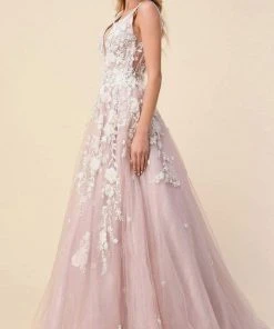 Andrea And Leo - A1028 Floral Applique Deep V Neck Ballgown