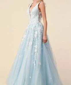 Andrea And Leo - A1028 Floral Applique Deep V Neck Ballgown