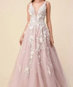 Andrea And Leo - A1028 Floral Applique Deep V Neck Ballgown
