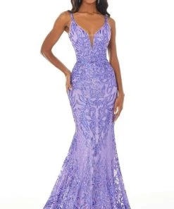 Ashley Lauren - 11015 Sequined Deep V Neck Mermaid Dress With Train