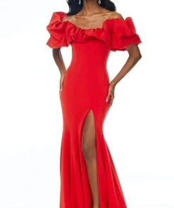 Ashley Lauren - 11017 Puff Ruffle Off-Shoulder High-Slit Mermaid Gown