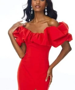 Ashley Lauren - 11017 Puff Ruffle Off-Shoulder High-Slit Mermaid Gown