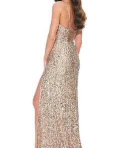 Ashley Lauren - 11037 V-Neck Lace-up Back High Slit Full Sequin Gown 14 Ashley Lauren - 11037 V-Neck Lace-up Back High Slit Full Sequin Gown