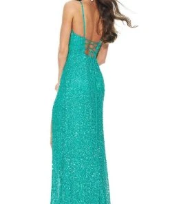 Ashley Lauren - 11037 V-Neck Lace-up Back High Slit Full Sequin Gown 12 Ashley Lauren - 11037 V-Neck Lace-up Back High Slit Full Sequin Gown
