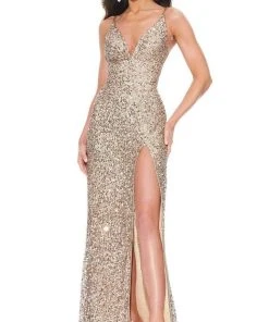 Ashley Lauren - 11037 V-Neck Lace-up Back High Slit Full Sequin Gown 15 Ashley Lauren - 11037 V-Neck Lace-up Back High Slit Full Sequin Gown