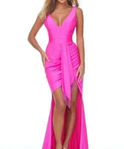 Ashley Lauren - 11051 Sleeveless Fringed Tie Waist High Low Gown