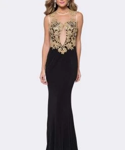 Ashley Lauren - 1186 Gold Embroidered Illusion Jewel Sheath Dress