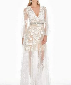 Ashley Lauren - 1338 Floral Applique Plunging V-neck A-line Dress