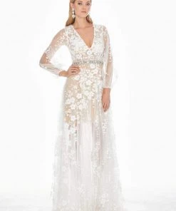 Ashley Lauren - 1338 Floral Applique Plunging V-neck A-line Dress