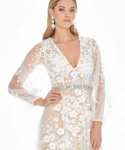 Ashley Lauren - 1338 Floral Applique Plunging V-neck A-line Dress