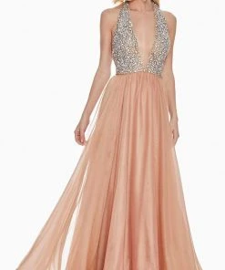Ashley Lauren - 1391 Crystal Crusted Plunging Halter Chiffon Gown