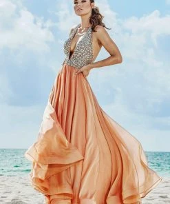 Ashley Lauren - 1391 Crystal Crusted Plunging Halter Chiffon Gown