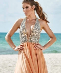 Ashley Lauren - 1391 Crystal Crusted Plunging Halter Chiffon Gown
