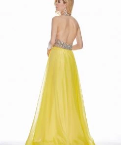 Ashley Lauren - 1391 Crystal Crusted Plunging Halter Chiffon Gown