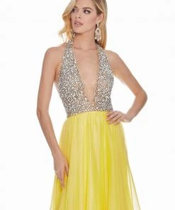 Ashley Lauren - 1391 Crystal Crusted Plunging Halter Chiffon Gown