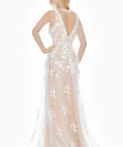 Ashley Lauren - 1392 Illusion Plunging Neck Embroidered Organza A-line Dress - 1 Pc White/Nude In Size 10 Available
