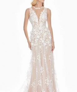 Ashley Lauren - 1392 Illusion Plunging Neck Embroidered Organza A-line Dress - 1 Pc White/Nude In Size 10 Available