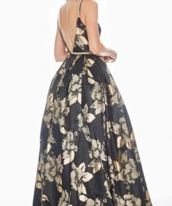 Ashley Lauren - 1395 Deep V-neck Floral Brocade Pleated Ballgown