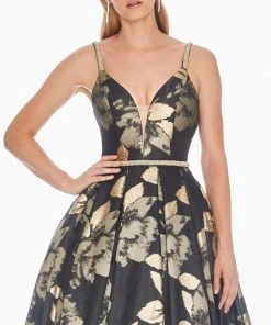 Ashley Lauren - 1395 Deep V-neck Floral Brocade Pleated Ballgown